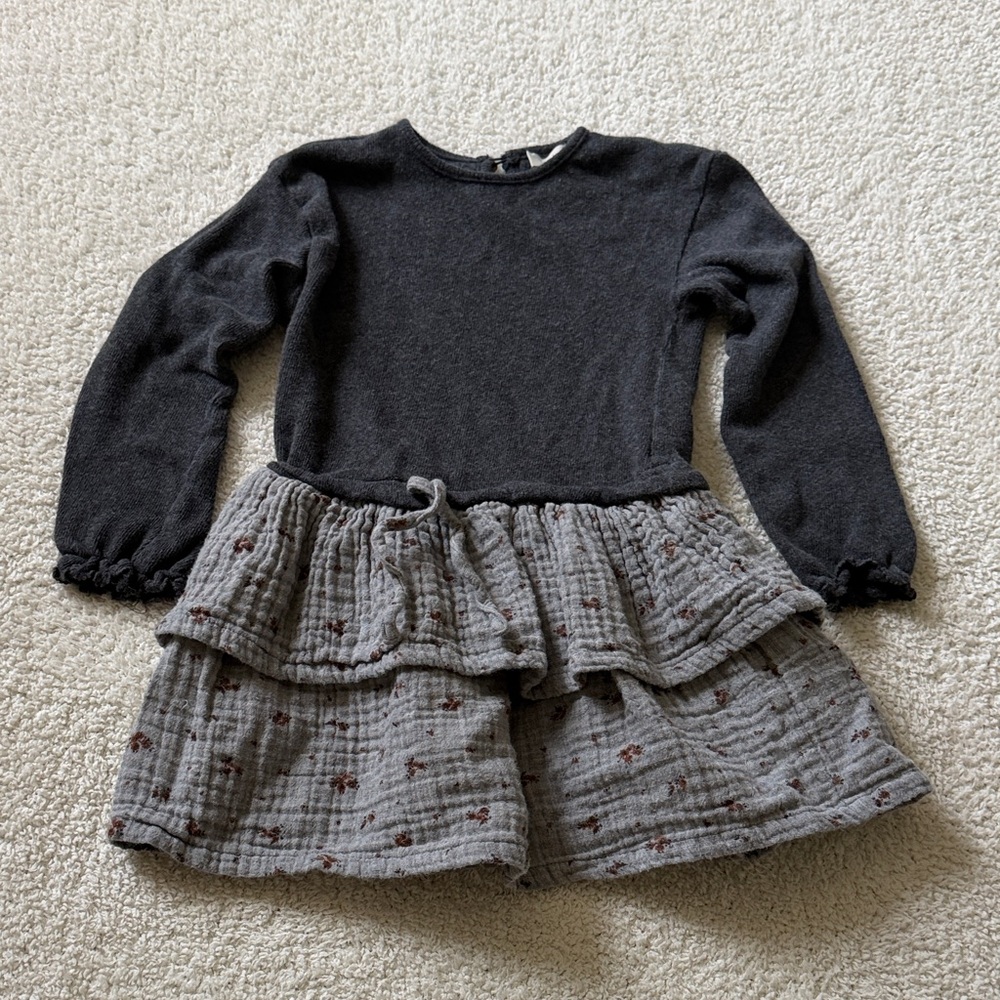Girls' Casual Layered Knit Dress in Charcoal Gray